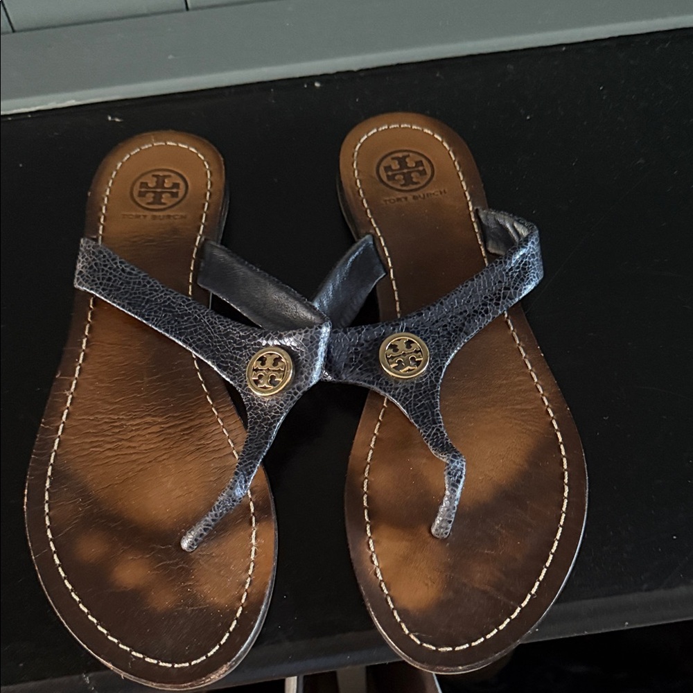 Tory Burch navy Leather Logo Thong Sandals Side 7.5